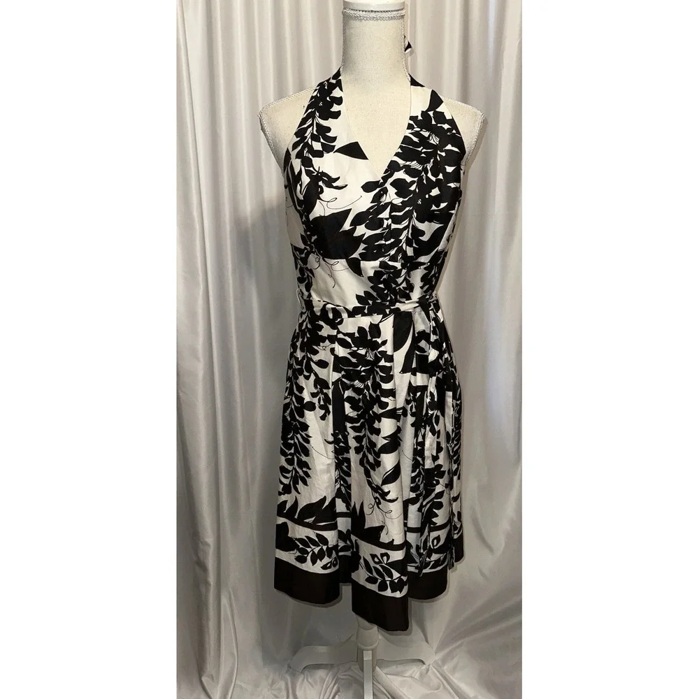 White House Black Market Dress Womens Size 8 Halter Summer Lined Leaf Black Whit - Picture 10 of 11